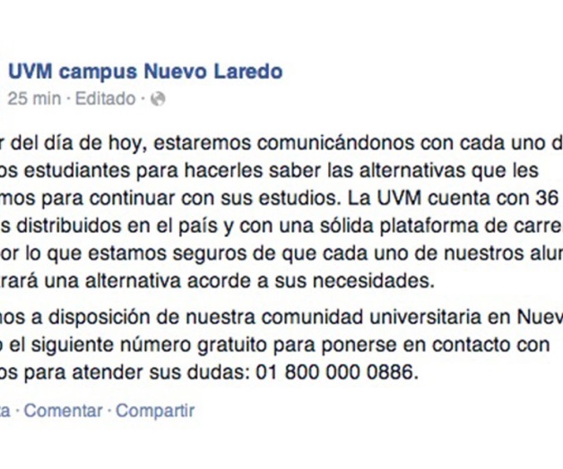 Cierra la UVM campus en Nuevo Laredo, Tam.