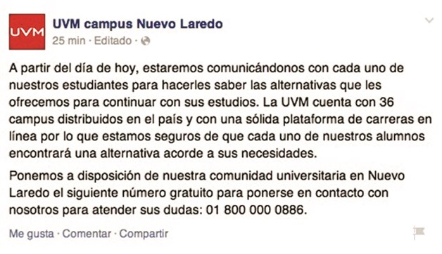 Cierre definitivo de UVM–Nuevo Laredo