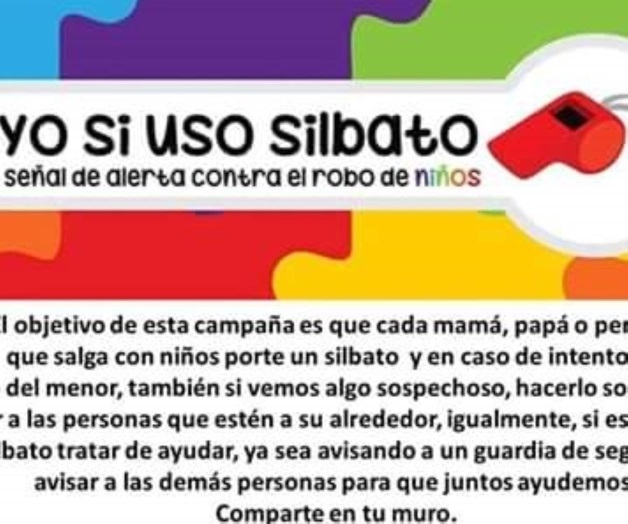 Inician campaña para uso de silbato, como señal de alerta contra robo de niños