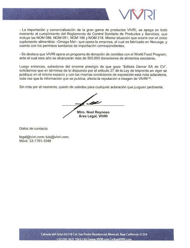 Rechaza VIVRI vender productos ‘milagrosos’