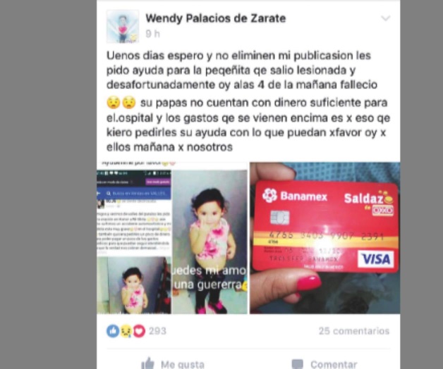Piden apoyo para sepelio de niña, murió en carreterazo