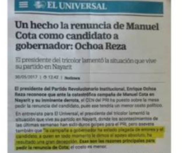 Desmiente PRI en Nayarit la declinación de M. Cota Desmiente PRI en Nayarit la declinación de M. Cota