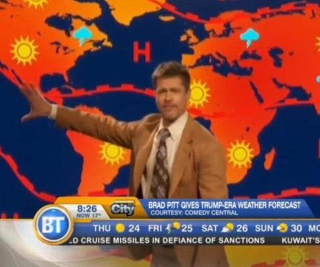 Aparece Brad Pitt como meteorólogo; critica a Trump Aparece Brad Pitt como meteorólogo; critica a Trump