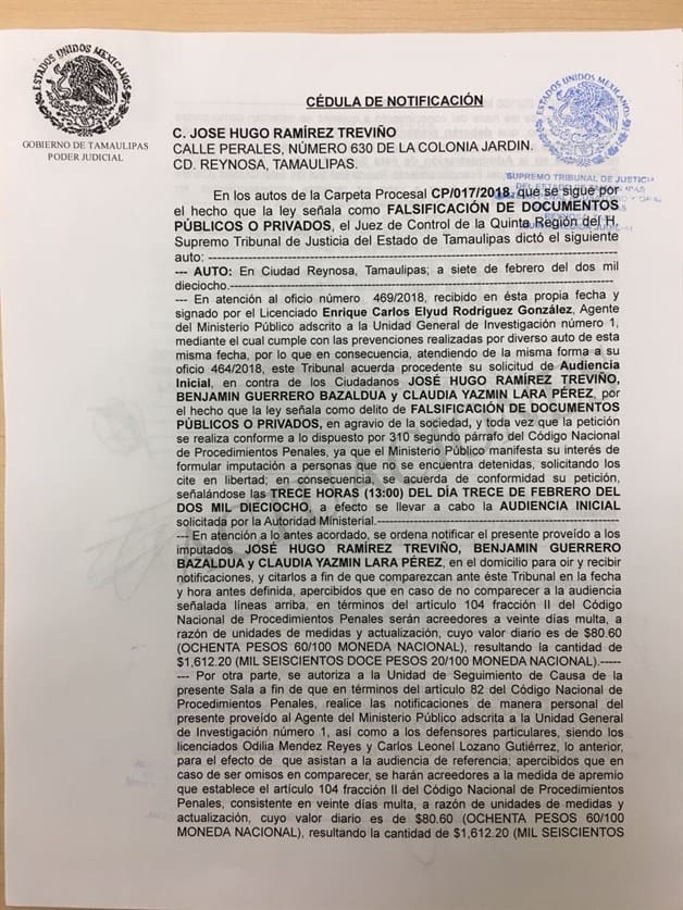 Cita juez a implicados en la falsificación de documentos del Ayuntamiento de Reynosa Cita juez a implicados en la falsificación de documentos del Ayuntamiento de Reynosa