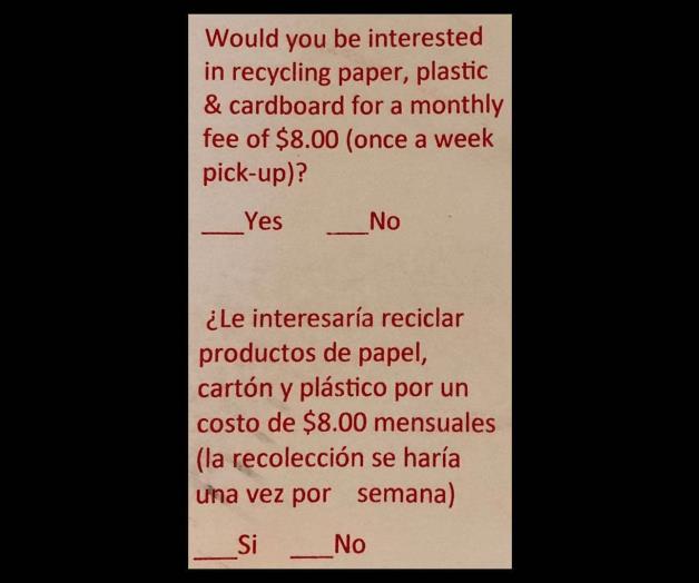 Realizan sondeo entre la población sobre programa de reciclaje opcional