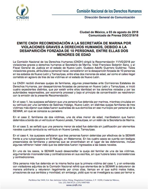 Implican a marinos en la desaparición de diez Implican a marinos en la desaparición de diez