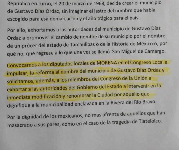Piden cambiar el nombre a poblado de Díaz Ordaz