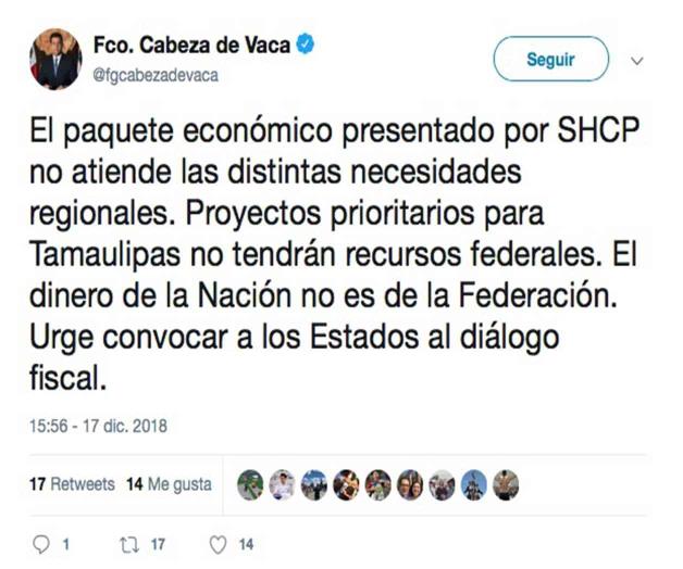 Tamaulipas, sin recursos federales para proyectos prioritarios: Gobernador Tamaulipas, sin recursos federales para proyectos prioritarios: Gobernador