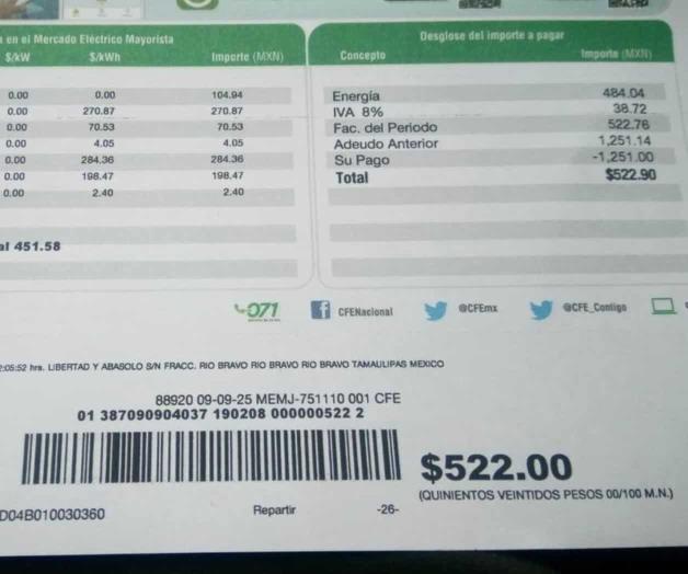 Llegan primeros recibos de CFE con IVA al 8% Llegan primeros recibos de CFE con IVA al 8%