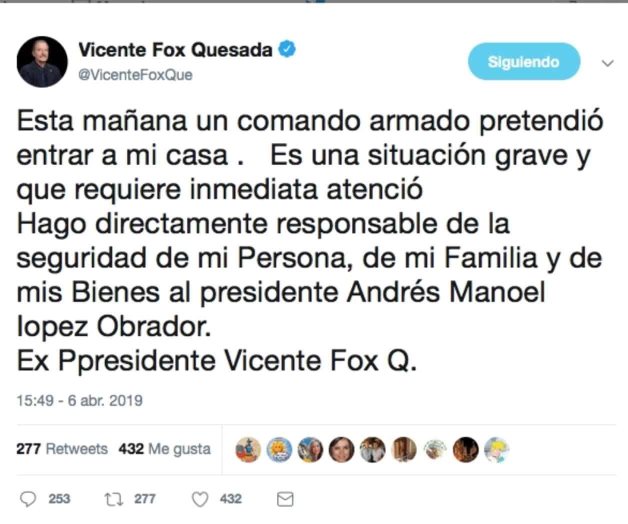 Hace Vicente Fox responsable a AMLO de lo que le pueda pasar Hace Vicente Fox responsable a AMLO de lo que le pueda pasar