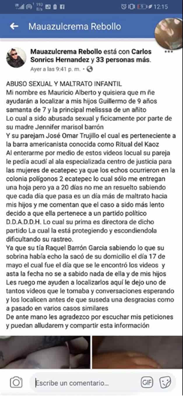 Denuncia que madre de sus hijos y su novio maltratan y abusan sexualmente de su bebé