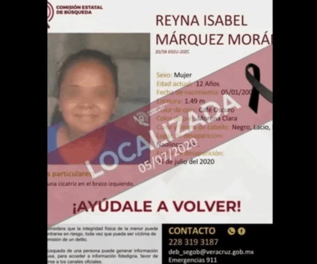 Localizan sin vida a niña de 12 años desaparecida en Veracruz Localizan sin vida a niña de 12 años desaparecida en Veracruz