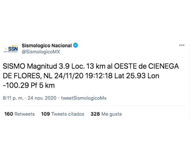 Registran temblor en Ciénega de Flores, NL Registran temblor en Ciénega de Flores, NL