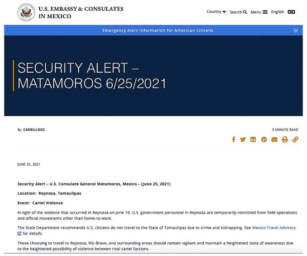 Reynosa bajo ‘alerta’ de EU; restringe viajes a Matamoros y Río Bravo Reynosa bajo ‘alerta’ de EU; restringe viajes a Matamoros y Río Bravo