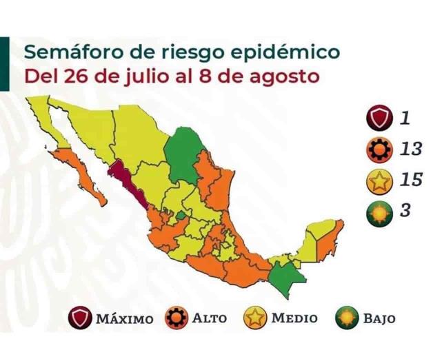 Sitúan 15 estados en amarillo y 13 en naranja en semáforo Covid Sitúan 15 estados en amarillo y 13 en naranja en semáforo Covid