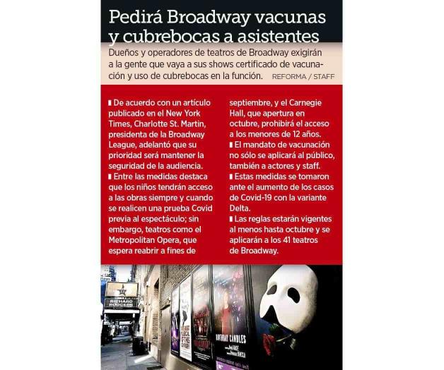 Abrirá Broadway para vacunados y con cubrebocas Abrirá Broadway para vacunados y con cubrebocas
