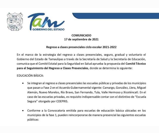 Decretan regreso a clases presenciales Decretan regreso a clases presenciales