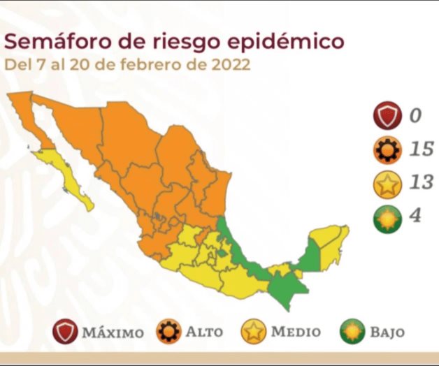Semáforo Covid Nacional: 4 estados en color verde, 15 en naranja y 13 en amarillo Semáforo Covid Nacional: 4 estados en color verde, 15 en naranja y 13 en amarillo