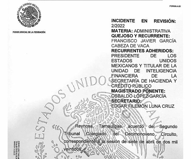 Descongela Tribunal cuentas de Cabeza de Vaca