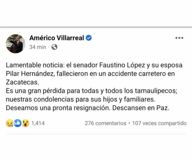 Reaccionan políticos a muerte de Senador