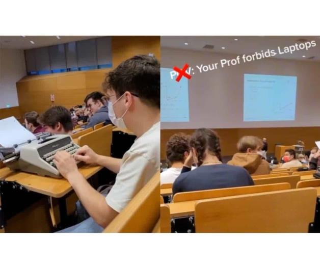 Le prohíben llevar laptop a clases y carga la máquina de escribir