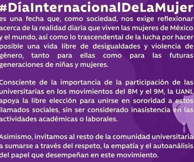 Asistir a marcha del 8M no será inasistencia en UANL Asistir a marcha del 8M no será inasistencia en UANL