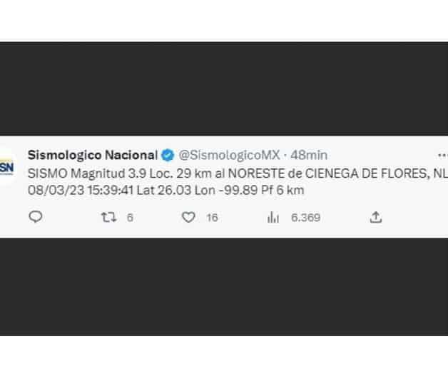 Reportan sismo en Ciénega de Flores Reportan sismo en Ciénega de Flores