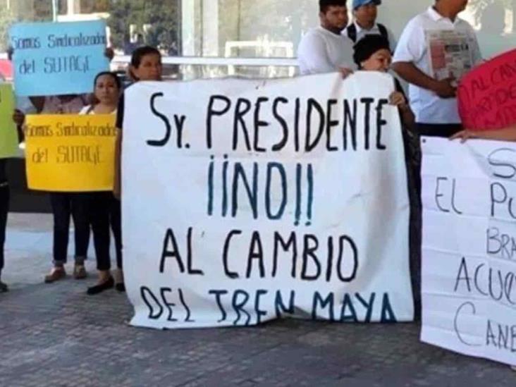 Reciben a AMLO con protesta por Tren Maya en QR Reciben a AMLO con protesta por Tren Maya en QR