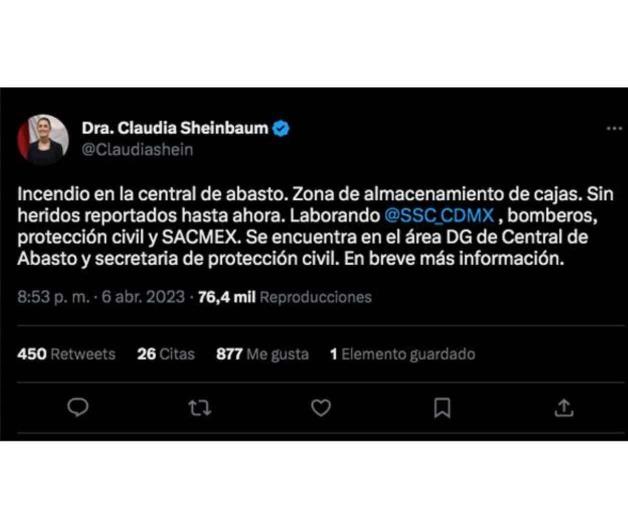 No hay heridos por incendio en Central de Abasto: Sheinbaum