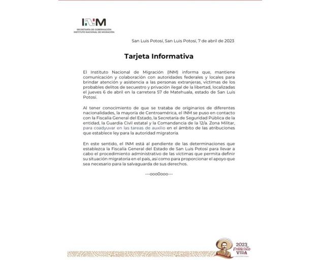 Afirma INM que apoyará a migrantes secuestrados en SLP Afirma INM que apoyará a migrantes secuestrados en SLP