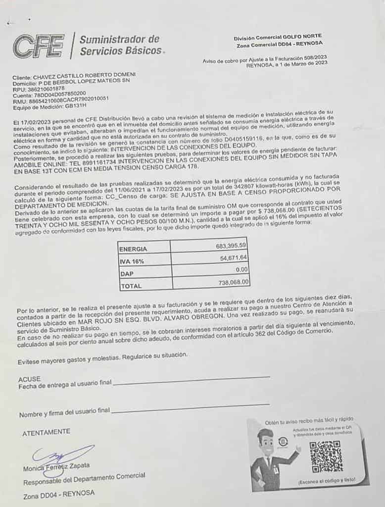 Documento de la CFE en el que se muestra el adeudo de 738 mil 068 pesos.