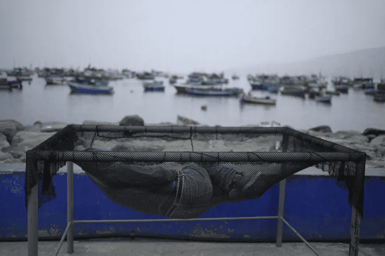 Un pescador duerme en una red de pesca en el muelle de Ancón, Perú