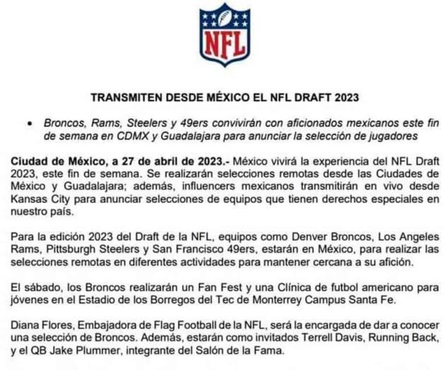 Realizarán selecciones del Draft de la NFL desde México