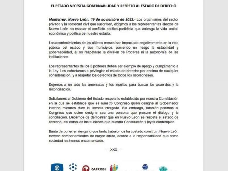 Exigen cámaras y organismos mantener gobernabilidad Exigen cámaras y organismos mantener gobernabilidad