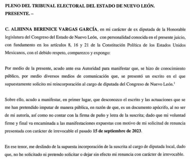 Recibe TEE documento con renuncia de Alhinna; PRI desmiente 