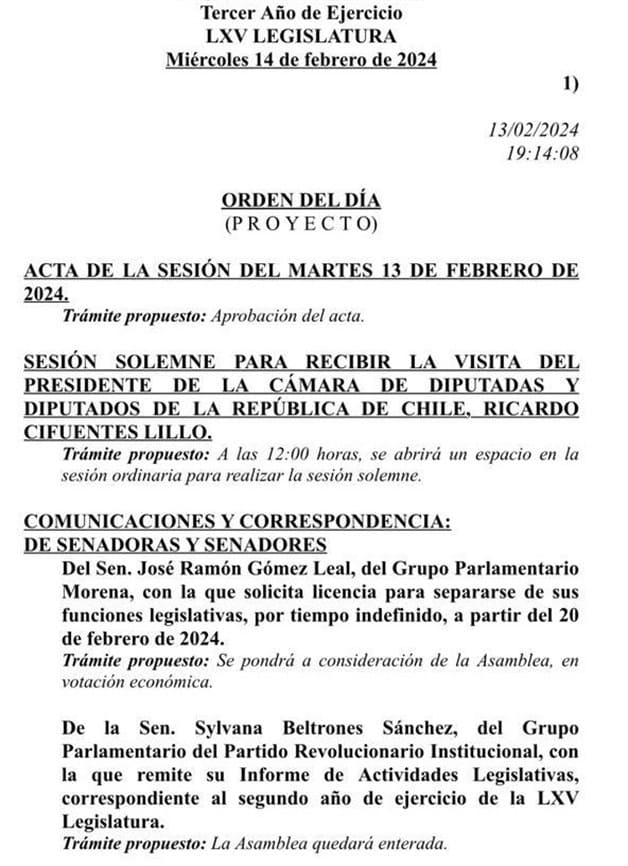 Senado concede licencia a José Ramón Gómez Leal