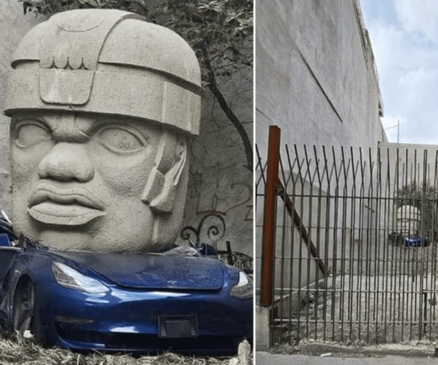 Captan misterioso Tesla aplastado por cabeza Olmeca en CDMX