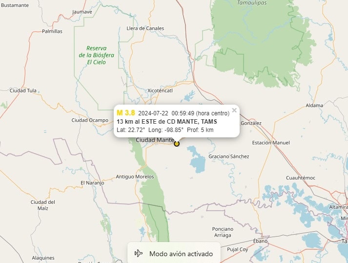 Reportan sismo en ciudad Mante