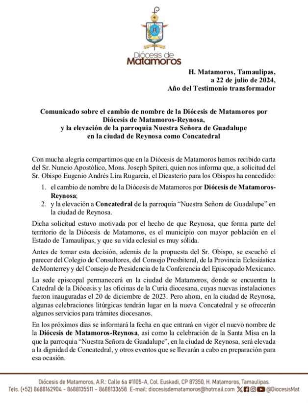 Anuncia Diócesis cambio de nombre: Ahora será Matamoros-Reynosa