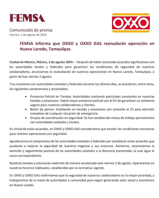 Oxxo reanuda operaciones en Nuevo Laredo