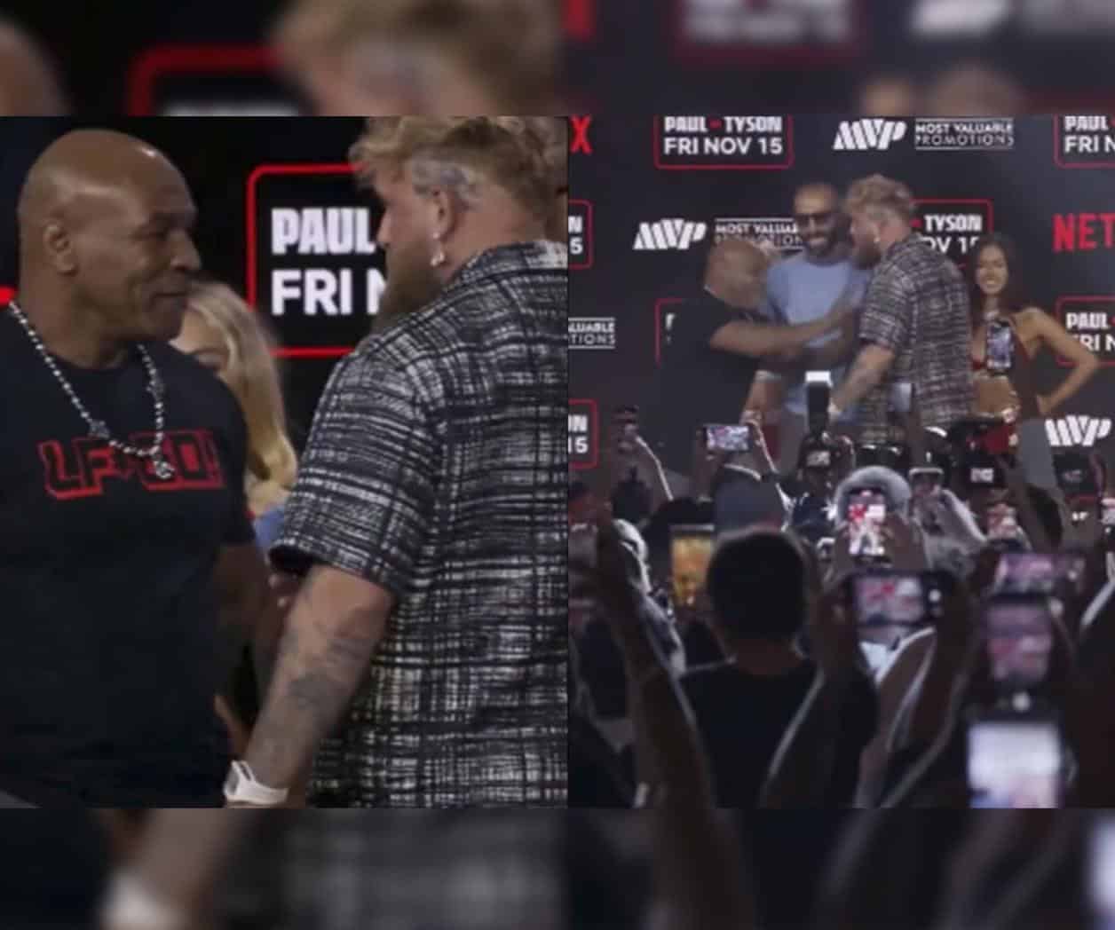 Mike Tyson empuja a Jake Paul en el cara a cara previo a la pelea Mike Tyson empuja a Jake Paul en el cara a cara previo a la pelea