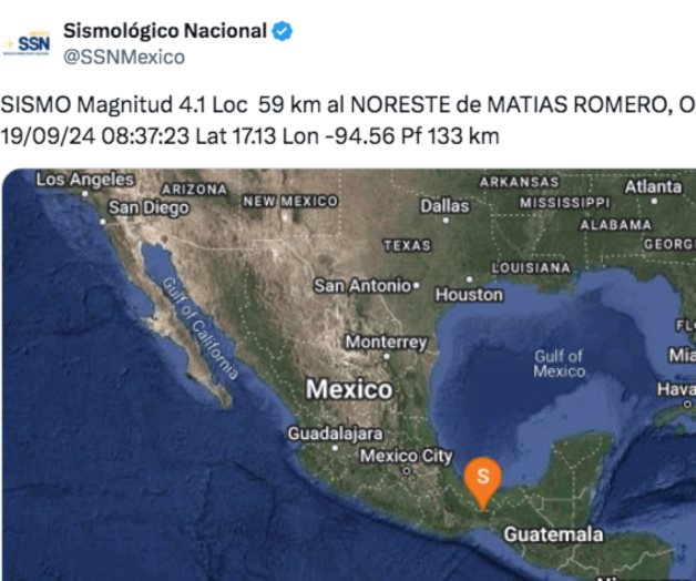 Sismo de magnitud 4.1 en Matías Romero, Oaxaca Sismo de magnitud 4.1 en Matías Romero, Oaxaca