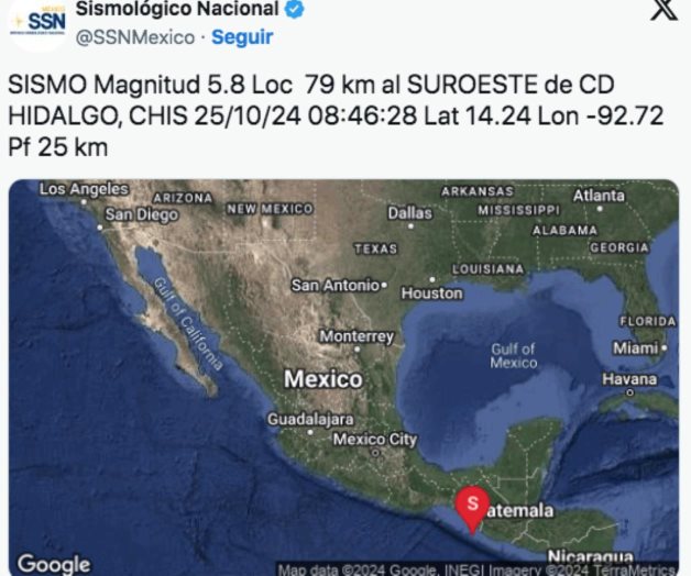 Sismo de 5.8 Richter sacude Ciudad Hidalgo, Chiapas Sismo de 5.8 Richter sacude Ciudad Hidalgo, Chiapas