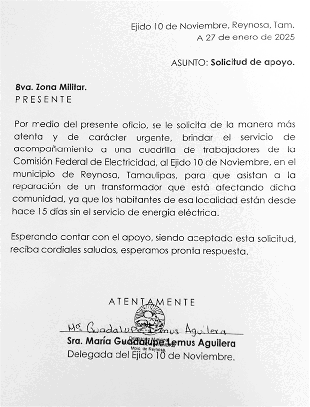 Sin escolta militar no hay luz en Ejido 10 de Noviembre: CFE
