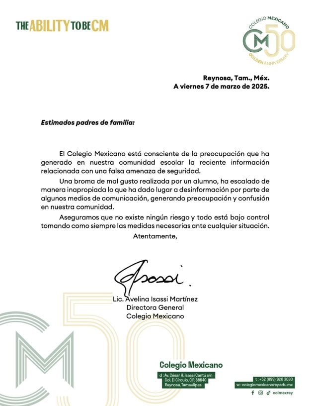 Descarta Colegio Mexicano riesgo alguno tras falsa amenaza de seguridad