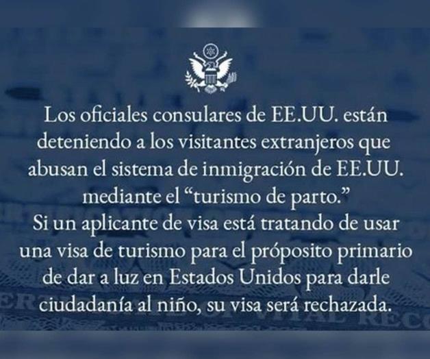 Niega Consulado de EU visa por turismo de parto Niega Consulado de EU visa por turismo de parto