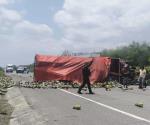 Obstrucción en Carretera Victoria-Monterrey por volcadura de tráiler con piñas