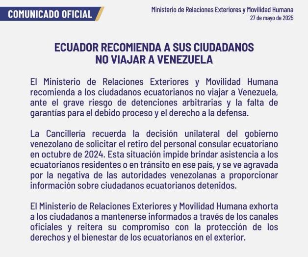 Recomendación de Ecuador y EE.UU. sobre viajar a Venezuela Recomendación de Ecuador y EE.UU. sobre viajar a Venezuela
