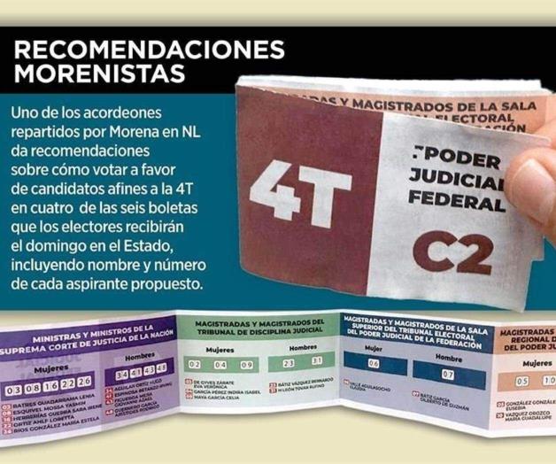 Morena-NL reparte acordeones para influir en elecci&oacute;n del Poder Judicial en Nuevo Le&oacute;n