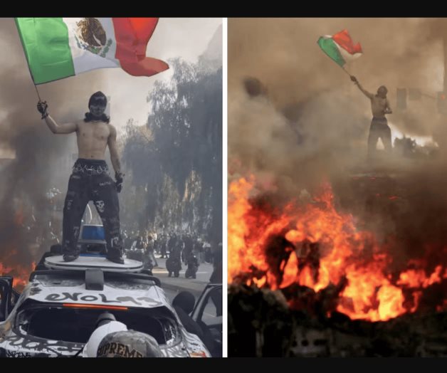 Manifestante en Los Ángeles ondea bandera mexicana en protestas contra ICE